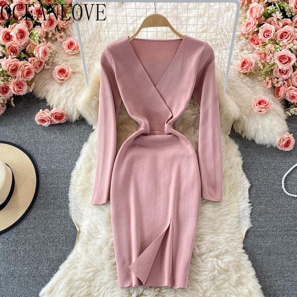 

casual dresses oceanlove vestidos solid v neck knitting retro high waist stretch 2021 autumn winter women bodycon mini dress, Black;gray