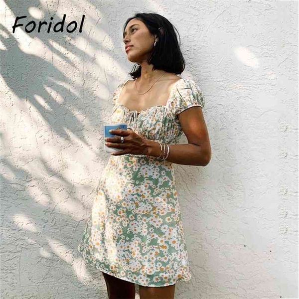 Foridol Ayçiçeği Lace Up Plaj Yaz Elbise Yeşil Vintage Çiçek Baskı Boho Kısa Mini Elbise Puf Kollu Kadın Elbise 210415