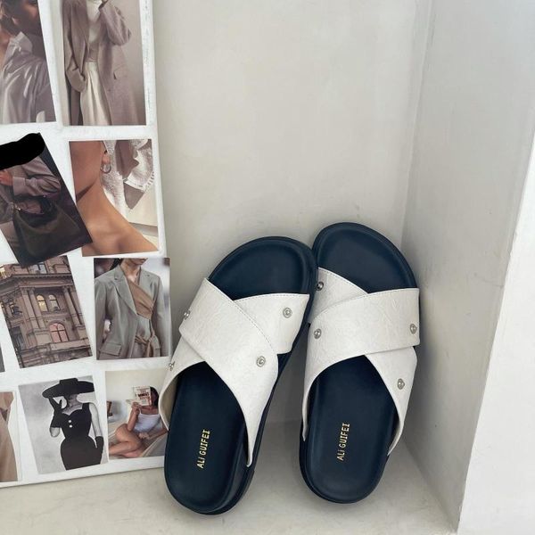 

slippers female shoes ladies' low 2021 rubber flat hoof heels fabric pu fretwork basic slides woman slipp, Black