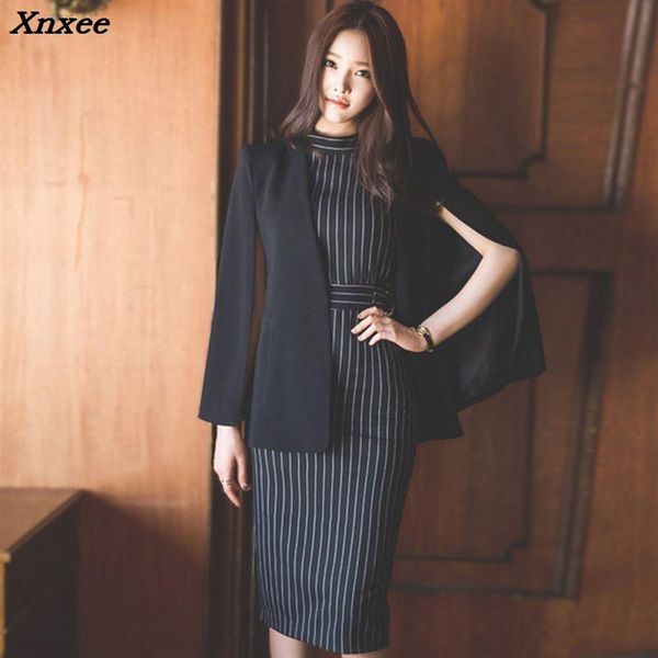 

women's suits & blazers women blazer dress set two pieces suit office ladies formal jacket with belt + o neck vertical striped work clo, White;black