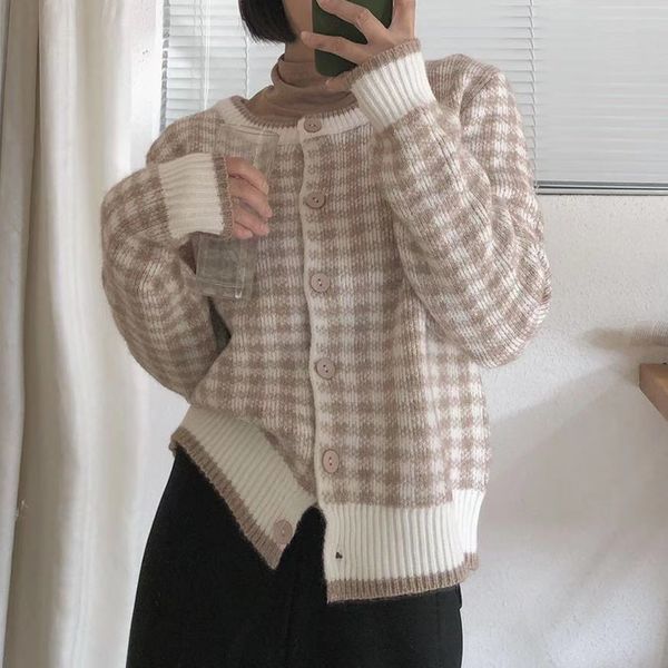 

plaid cardigan fall 2021 women sweater o-neck fashion clothes long sleeve vintage outwears casual single breasted top, White;black