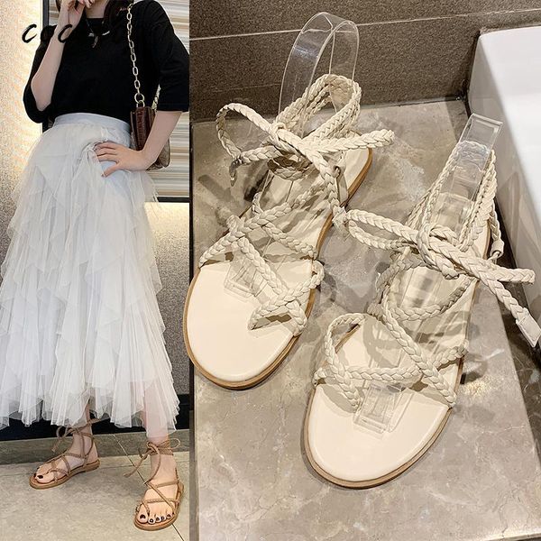 

summer fashion clip toe sandals western fairy style comfortable braided cross strap roman women, Black