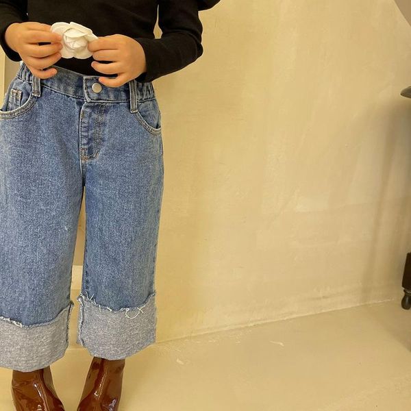 

jeans spring autumn girls baby denim pants kids trousers children fashion wide leg curl crimping 2 to 6 yrs, Blue
