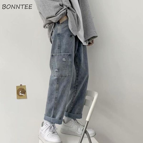 

jeans men solid fashion vintage scratched pockets chic high street harajuku baggy oversize hip hop retro denim all-match s-3xl men's, Blue