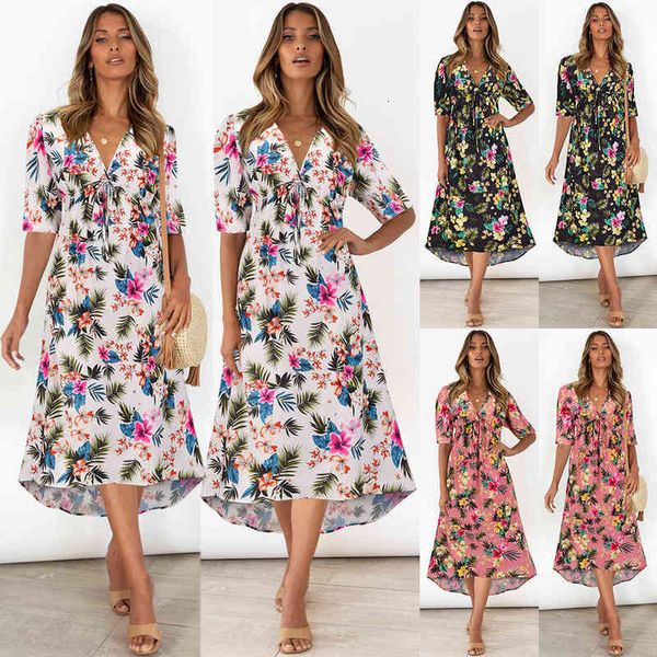 

casual dresses v-neck irregular skirt print summer 2022 women's, Black;gray