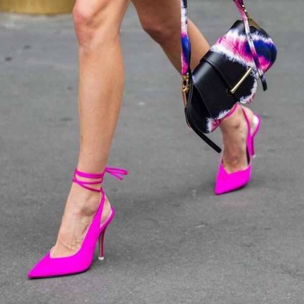 

dress shoes v-cut design high heel pink green purple shallow ankle wrap lace-up slingback thin heels pumps, Black