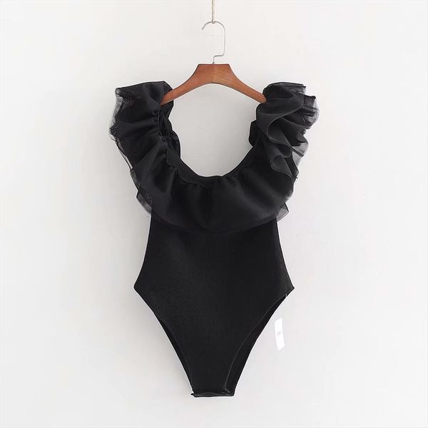 

spring style shoulder women romper short sleeve tube feather tulle laminate decorative knit bodysuit, Black;white