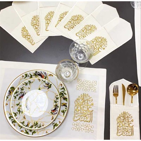 6 kişi% 100 Keten Kumaş Arapça Placemat Ramazan Koleksiyonu Masa Örtüsü Yemek Masası Set Mutfak Koşucu Seti Masa Aksesuarları 211117