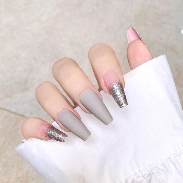 

false nails 24pcs long coffin fake mixed grey pink full finished glitter cover beauty ballet nail with design faux ongles, Red;gold