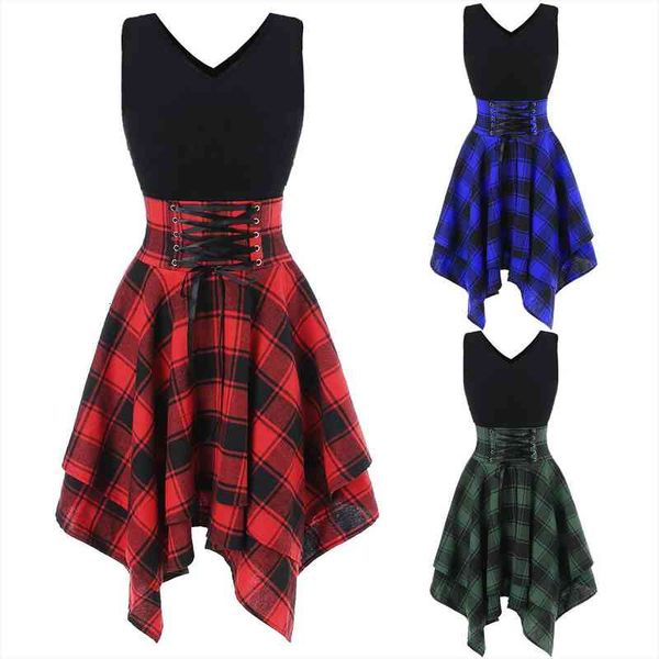 

summer gothic plaid mini dress women preppy high waist asymmetric dress elegant goth punk lace up party dresses vestidos, Black;gray