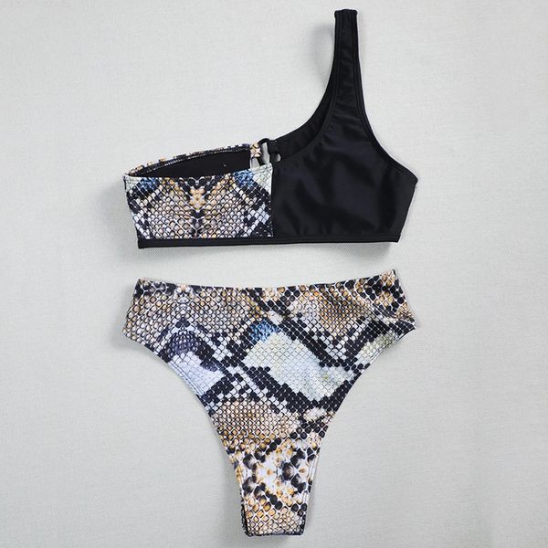 

new splicing snake print one shoulder female swimsuit women swimwear two-pieces bikini set lace up bathing suit swimin