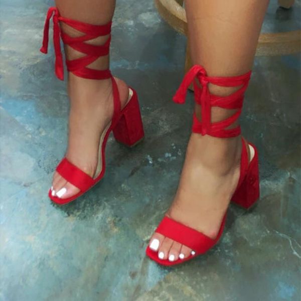 

woman sandals cross tie lace up ladies high thick heels women's open toe female shoes summer 2021 sandalias, Black