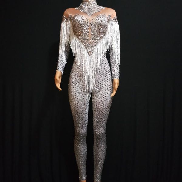 

women's jumpsuits & rompers silver rhinestones nude stretch jumpsuit fringes dance bodysuit performance party celebrate stage show cost, Black;white
