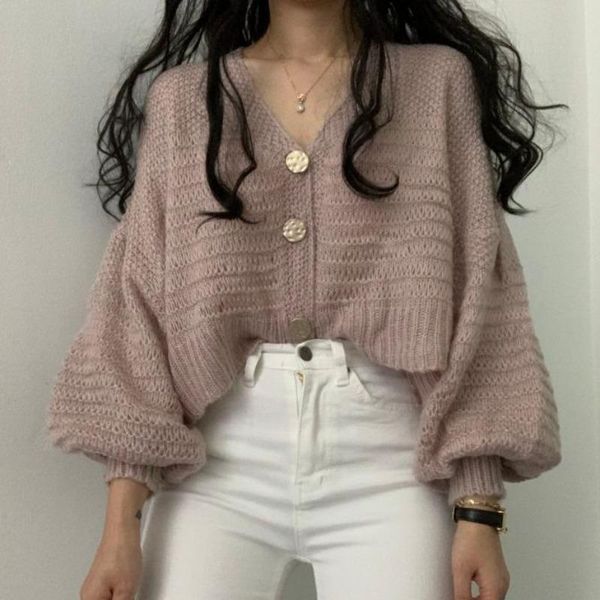 

women's knits & tees early autumn knitted cardigan soft waxy v-neck sweater women loose, White