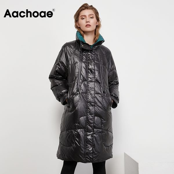 

aachoae fashion warm black down jacket women casual long sleeve zipper up coat female winter long jacket with pockets 210413