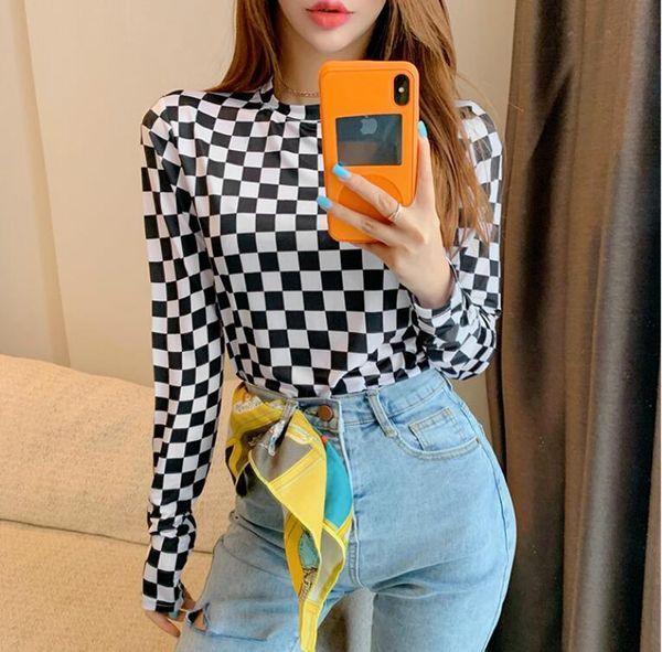

black white plaid bottoming women t shirt autumn slim thin mesh o neck long sleeve