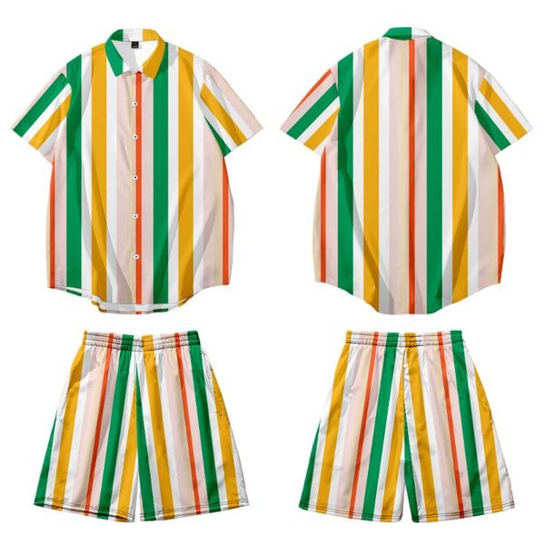 

men's casual shirts men hawaiian short sleeve striped print beach shirt 2021 lapel breathable streetwear blouse and shorts set, White;black