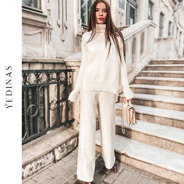 

yedinas turtleneck pullover two piece set and pants tracksuit women 2 warm winter 2021 knit sweater korean women's tracksuits, Gray