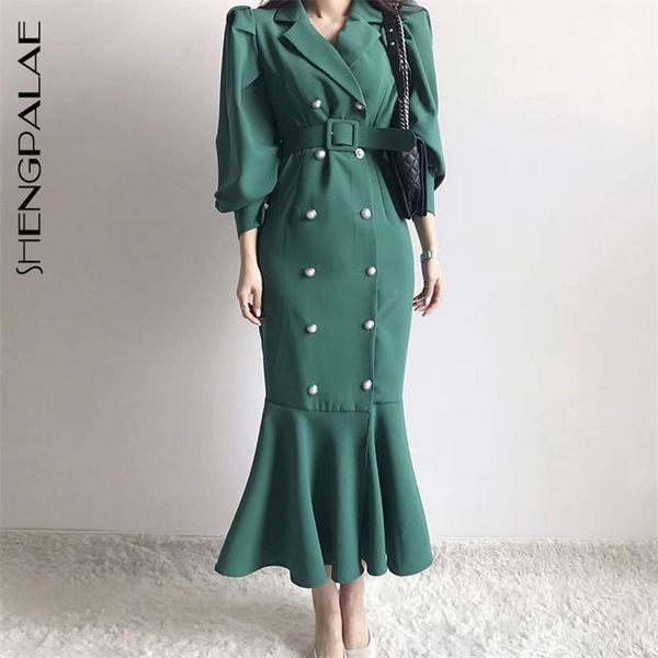 

spring spring women vintage loose slim was thin elegant pearl buckle lace-up waist puff sleeves maxi dress 210427, Black;gray