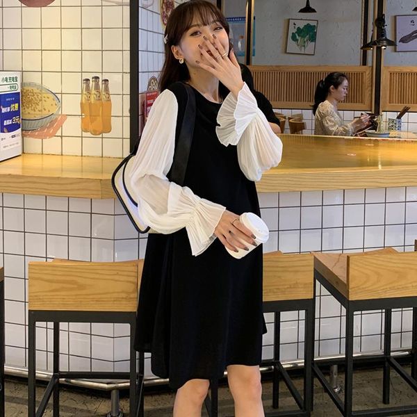 

maternity dresses 3001# autumn korean fashion dress chic ins patchwork loose clothes for pregnant women sweet lovely pregnancy, White