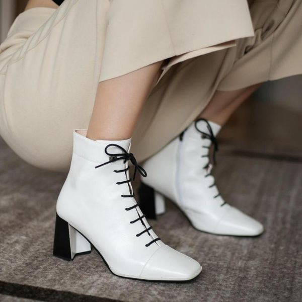

dress shoes fashion wild short boots women 2021 spring and autumn lace-up high-heeled leather thick heel x139, Black
