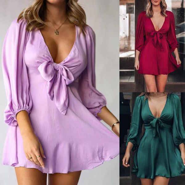 

casual dresses 2021 women fashion bandage bishop sleeve soild color deep v-neck dress autumn elegant ladies holiday #4, Black;gray