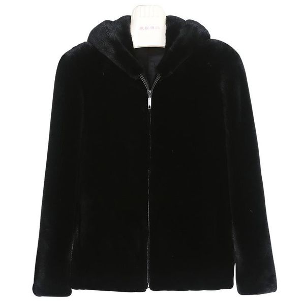 

men's leather & faux velvet mink coat whole hooded jacket black fur heining