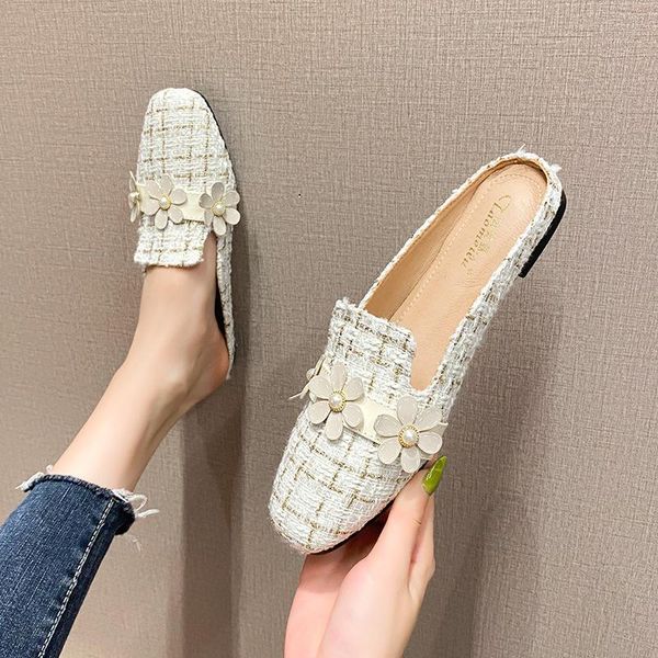 

slippers plus size mules women shoes appliques low heels casual square toe slide fashion sandals woven fabric shallow loafers, Black