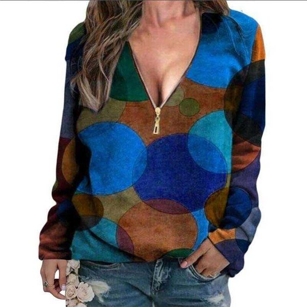 

printed blouse womens clothes fashion zip v neck long sleeve plus size vintage shirts office and blouses ladies 210608, White