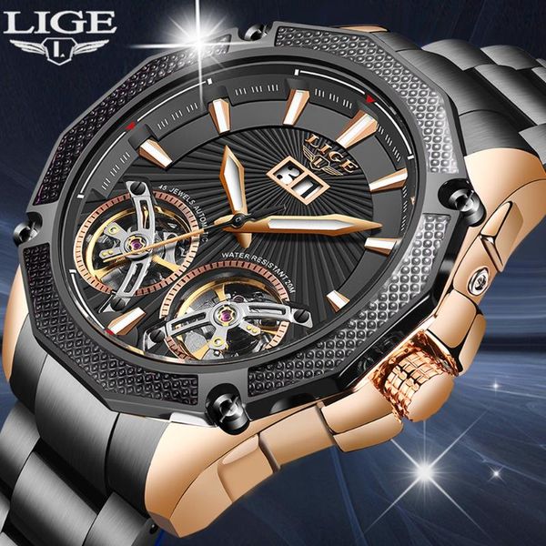 

wristwatches lige 2021 luminous watch male mechanical double automatic tourbillon waterproof men calendar date relogio masculino, Slivery;brown