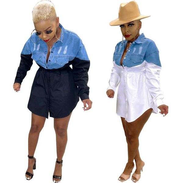 

casual dresses chiclover streetwear denim for women wholesale items patchwork shirt dress cowboy buttons drop, Black;gray