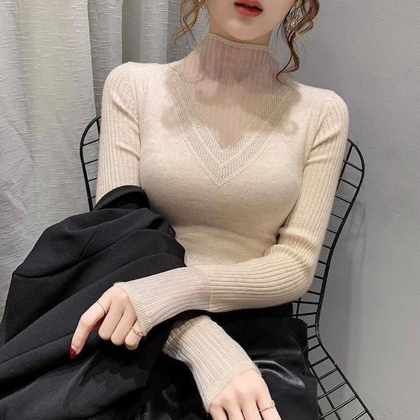 

women's sweaters autumn and winter lace half-high neck sweater careful machine solid bottoming shirt long-sleeved slimming top, White;black