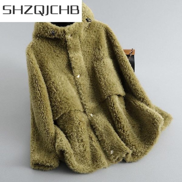 

women's fur & faux jchb 2021 hooded coat autumn winter jacket women sheep shearing 100% wool real korean fashion clothes a, Black