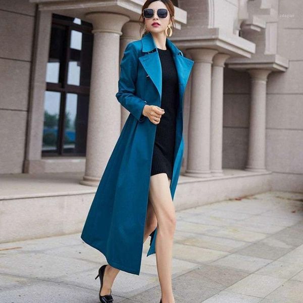 

women's trench coats autumn style haze blue long over-the-knee windbreaker female double-breasted fashion waist coat women, Tan;black