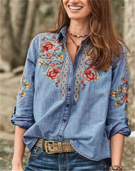 

womens shirts print new casual fashion long sleeve clothing all match womens shirts lapel neck embroidery, White