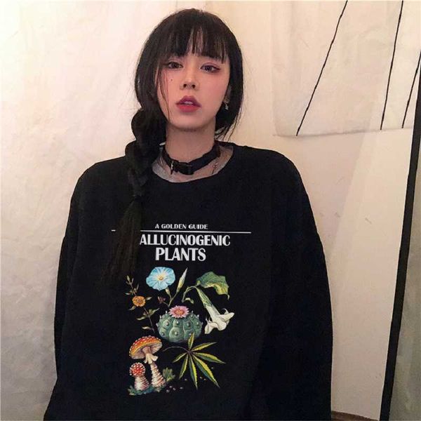 

plant print winter plus velvet o-neck vintage ins fashion casual long-sleeved chic big size loose women harajuku sweatshirt 210608, Black