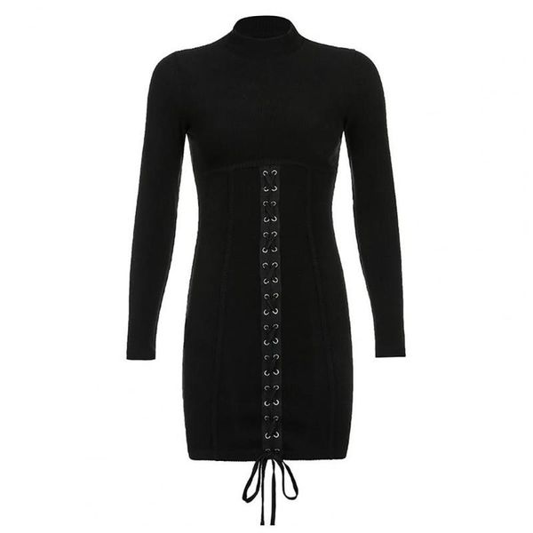 

dresses 2021 women dress long sleeve lace up solid color knitted slims fit streetwear for spring autumn party club casual, Black;gray