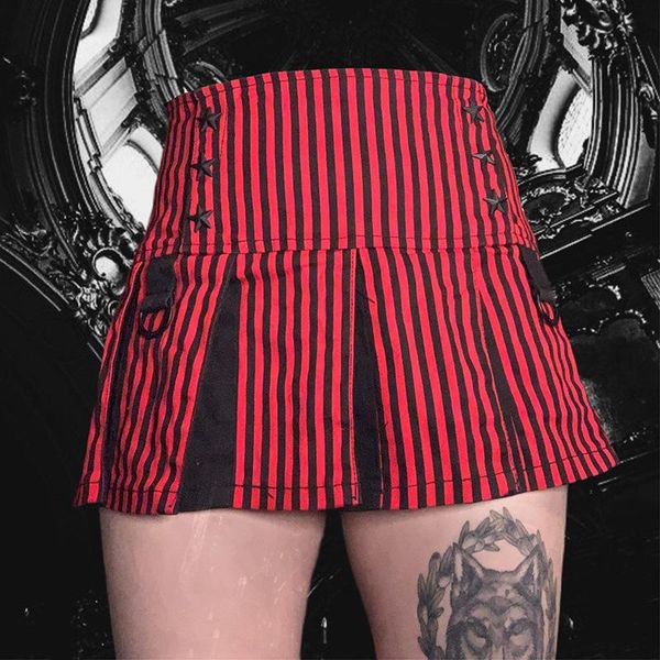 Saias 2021 Vintage Pastel Goth Vermelho Listrado Cintura Alta Plissada Y2K Streetwear A-Linha Mini Saia E-Girl Outfits Estrela de cinco pontas