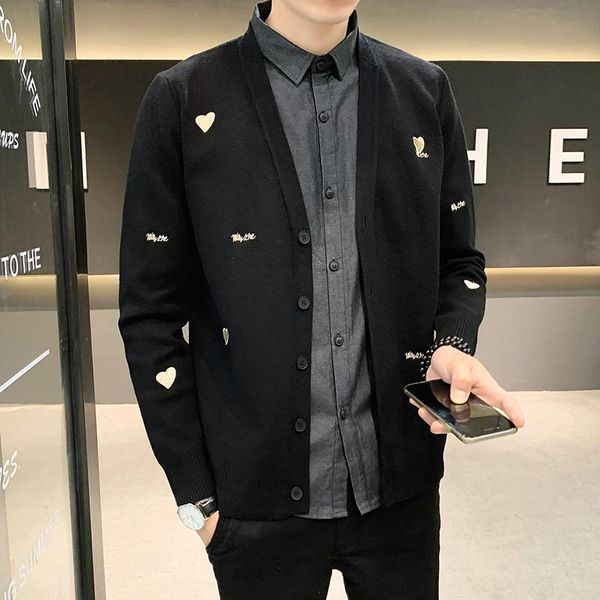 

men's sweaters love embroidery knitted cardigan for men 2021 autumn long sleeve slim sweater coats casual sweatercoat streetwear male c, White;black