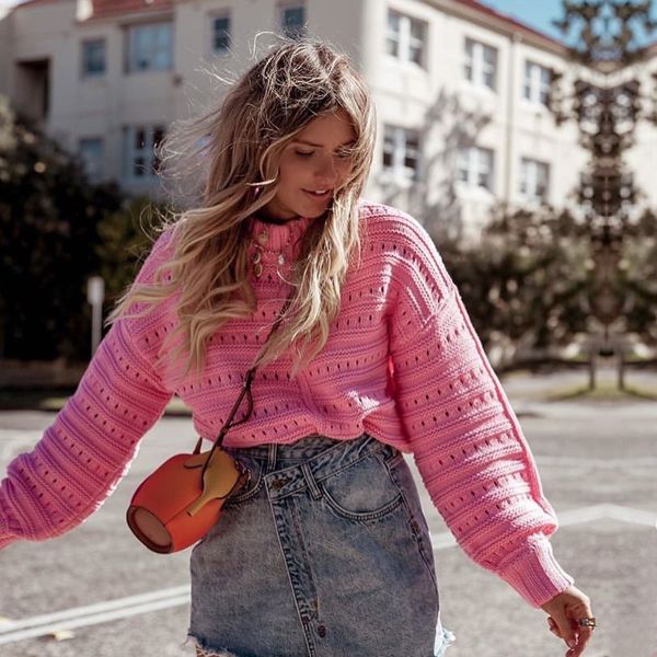 

knitted pink cropped sweater pullover female autumn winter hollow out oversized white jumper women casual sweater 210415, White;black