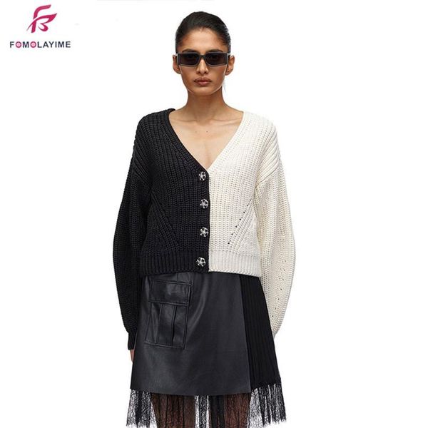 

women's sweaters 2021 high fashion runway women black white patchwork v-neck crystal rhinestone button knitted cardigan, White;black