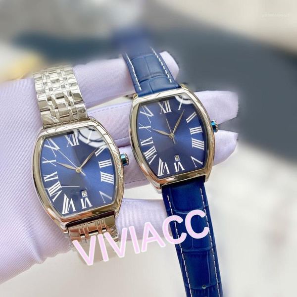 

automatic mechanical roman digital watch waterproof male wine barrel calendar blue genuine leather clock 40mm wristwatches, Slivery;brown