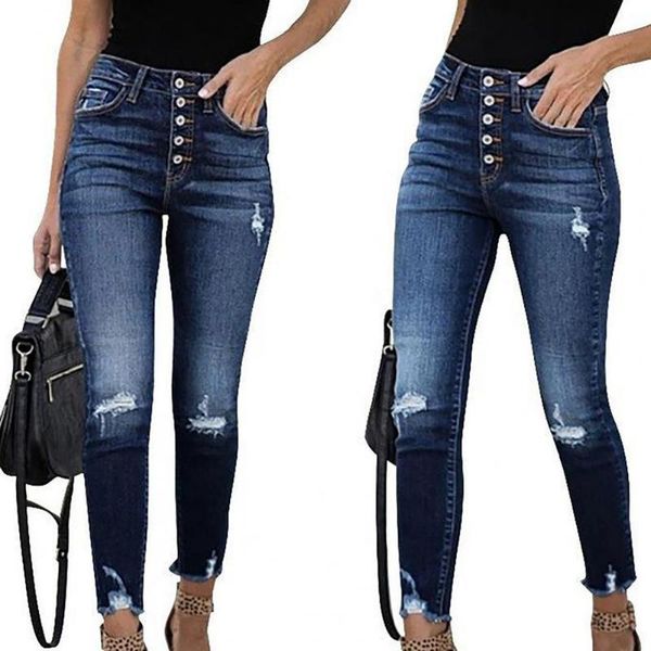 

women's jeans multi buttons pockets women ripped hole tassel high waist slim small feet pants denim streetwear 2021 fashion, Blue
