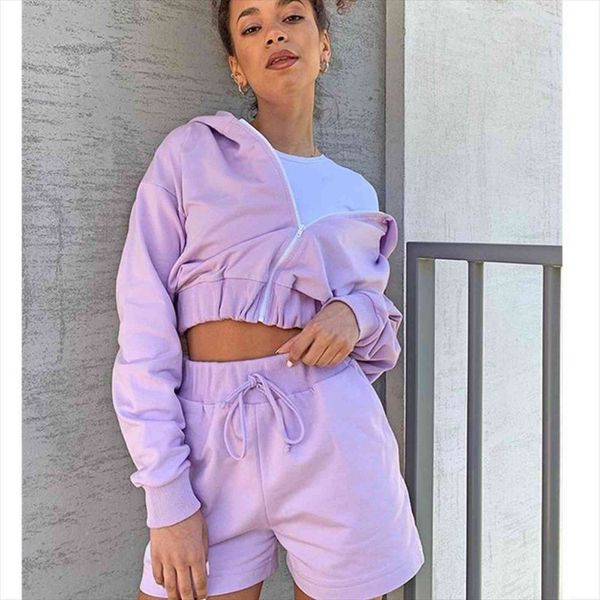 

spring fashion 2pcs sports womens tracksuits clothing suit casual girls zipper sweater hoodie long sleeve hoodies high wait shorts sets, Gray