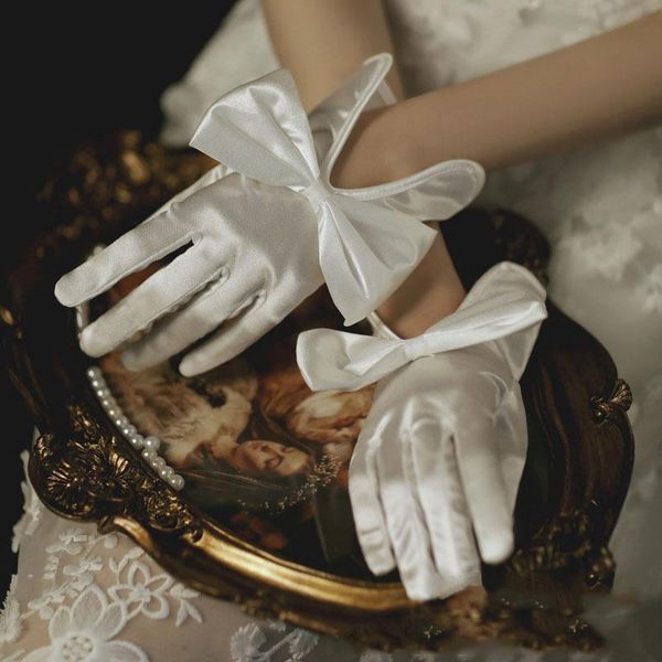 

five fingers gloves women solid black white mittens female elegant vintage bow full finger short soft satin bridal wedding, Blue;gray