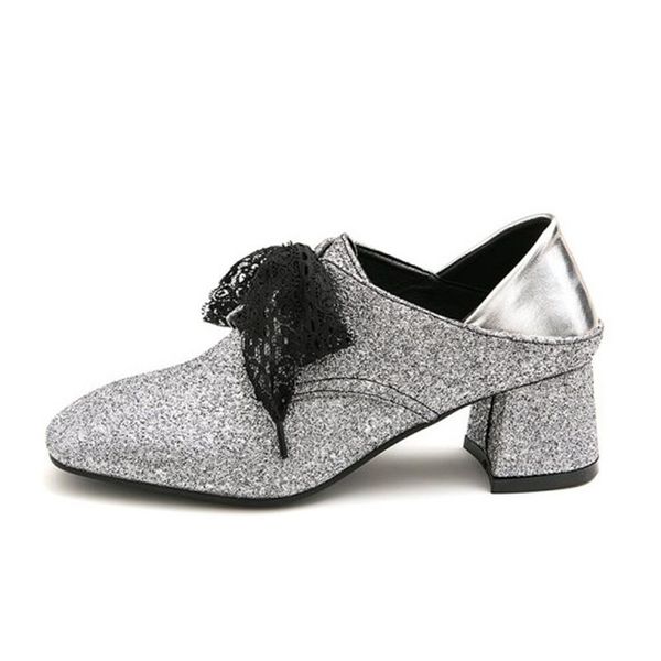 

dress shoes spring glitter high heels lace up women thick heel comfortable loafers large size 43, Black