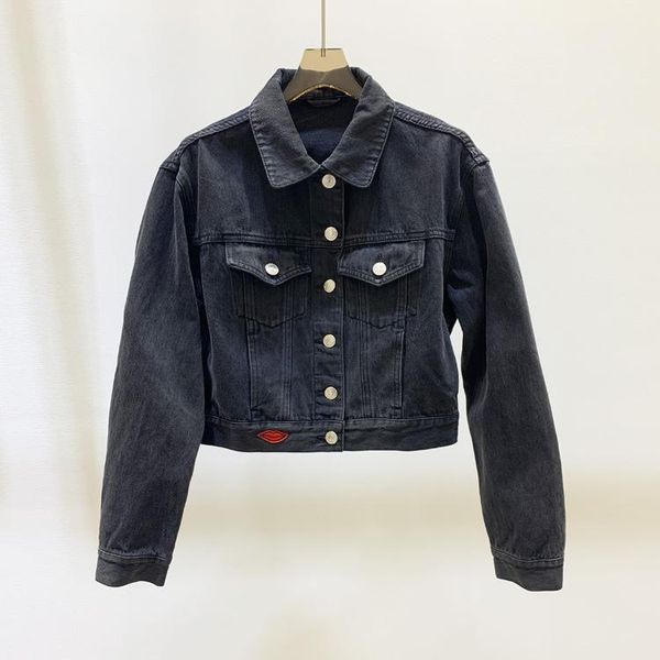 

women's jackets embroidered denim jacket long-sleeved fashion french brand lips slim top, Black;brown