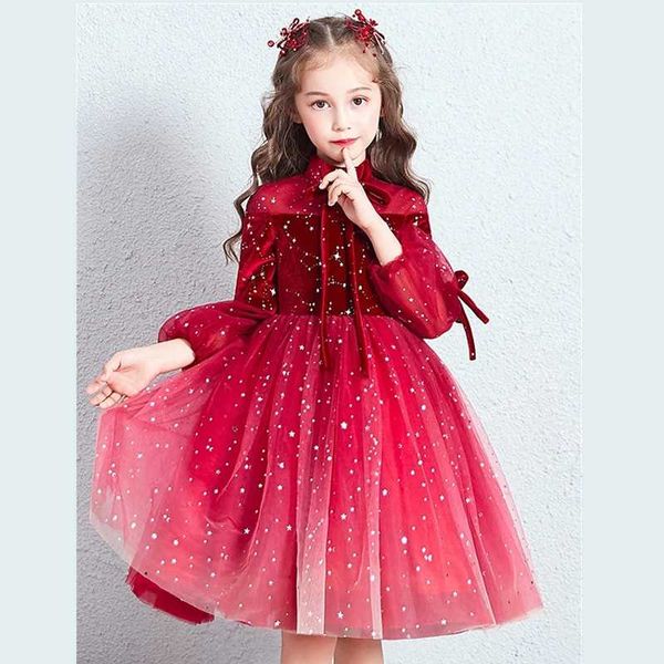 

girl's dresses princess knee length flower girl party chiffon long sleeve high neck with bow(s), Red;yellow