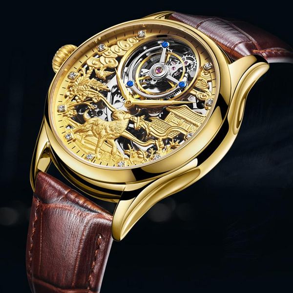 

wristwatches aesop genuine luxury mens chinese zodiac dog tourbillon skeleton mechanical watch rose gold golden dial leather strap wristwatc, Slivery;brown
