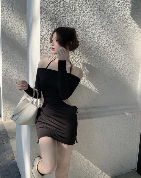 

casual dresses spice shoulder neck hung a word dress female autumn hollow-out the dew show thin black bag hip waist, Black;gray